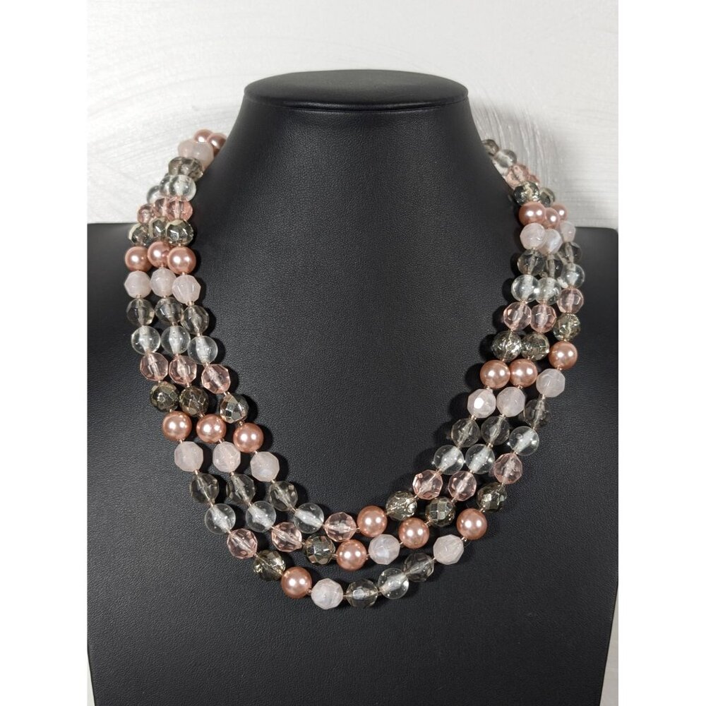 Pink Gray Faceted Bead Faux Pearl‎ Triple Strand Layer Necklace 20"